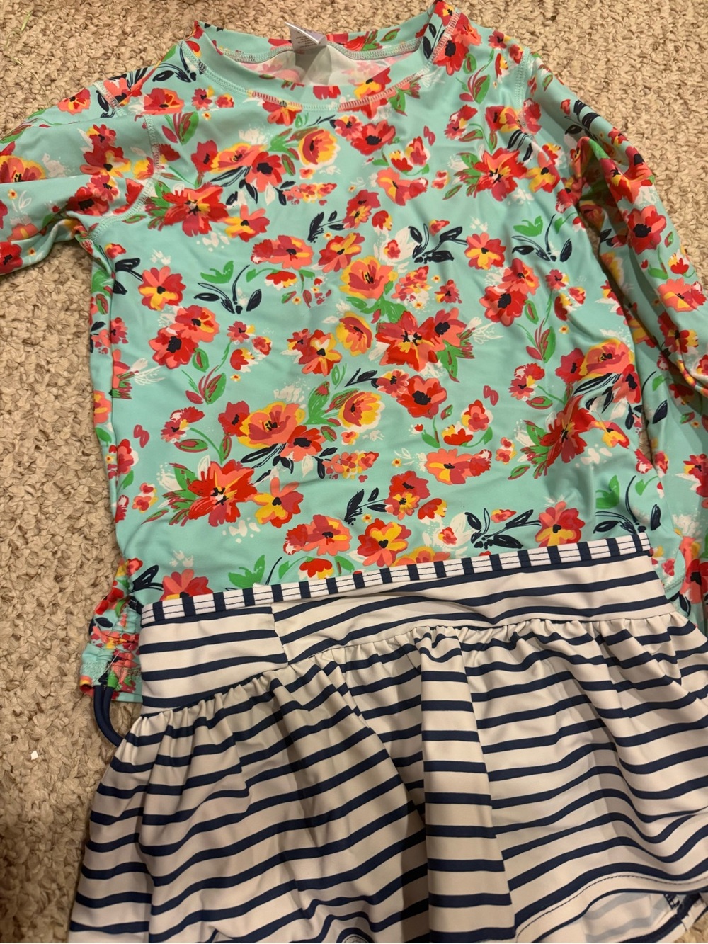 Ruffle Butts Aqua Floral Rash Guard One-Piece with Navy Stripe Skirt